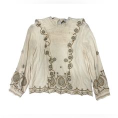 Brand: Zara Women Size: Small Color: Eggshell White 56% Viscose, 44% Cotton Condition: Brand New With Tags Elegant Long Sleeve Embroidered Top For Fall, Gold Long Sleeve Tops For Spring, Elegant Long Sleeve Embroidered Top For Spring, Chic Embroidered Top With Ruffles, Spring Embroidered Gold Top, Embroidered Gold Top For Spring, Gold Embroidered Top For Spring, Summer Embroidered Gold Tops, Elegant Cream Embroidered Top