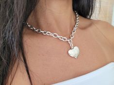 "Chunky Silver Chain Necklace, Toggle clasp necklace, thick chain choker, uno de 50 style necklace, women's gift. The chain and pendant are silver plated with sterling silver, free of lead, nickel, cadmium. Hypoallergenic. Can be easily maintained with a polishing cloth. The pendant is 1\" wide and 0.90\" long. This necklace is fun and easy to wear. It also makes a great gift idea. Please let me know if you would like a specific custom size. Your necklace comes wrapped to open or gift. Thank you Chunky Chain Choker Necklace As A Gift, Trendy Chunky Necklaces As Gifts, Chunky Chain Choker Necklace For Gift, Trendy Chunky Necklace For Gift, Trendy Chunky Necklace As Gift, Trendy Chunky Necklaces As A Gift, Boho Choker, Star Chain, Chunky Necklace