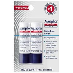 Two 0.17 ounce sticks of Aquaphor Lip Repair Lip Balm Aquaphor Lip Repair Stick is clinically proven to relieve dryness and soothe chapped, cracked lips Aquaphor lip balm for chapped lips is fragrance free and paraben free, and helps prevent dryness for long-lasting moisture This lip repair balm is formulated with a special combination of nourishing vitamins, moisturizers, Shea Butter, and Jojoba Oil Find long-lasting moisture from the #1 dermatologist recommended lip care brand with Aquaphor Aquaphor Lip, Very Dry Lips, Lip Repair, Lip Balm Stick, Lip Oils, Healing Ointment, Best Lip Balm, Lip Scrubs, Cracked Lips