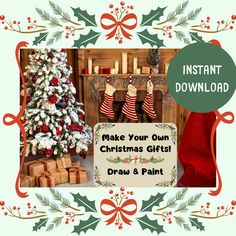 a christmas tree with stockings hanging from it's sides and the words instant download make your own christmas gifts draw and paint