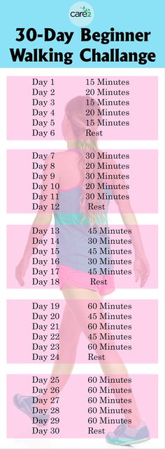 the 30 - day beginner walking challenge is shown in pink and blue with an image of