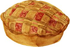 a watercolor painting of a pie on a white background with red and yellow squares