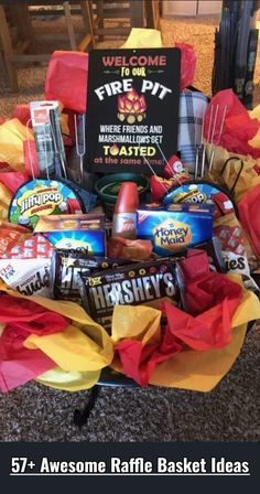 a basket filled with lots of candy and other items on top of a carpeted floor