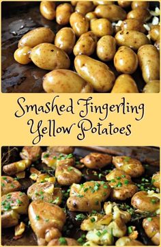 baked fingerling yellow potatoes with parsley on top and in the background, there is a plate full of them