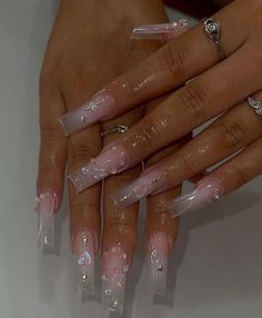 clear nails, iridescent nails, pearl nails, pinkish nails, spring nails, summer nails, winter nails, jelly nails Clear Acrylic Nails, Pearl Nails, Jelly Nails, Bling Acrylic Nails, Pink Acrylic, Sparkly Nails, Girls Nails, Square Acrylic Nails