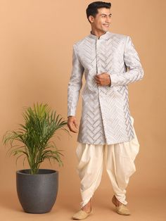 Buy VASTRAMAY Embroidered With Mirror Indo Western Slim Fit  Sherwani Set -  - Apparel for Men from VASTRAMAY at Rs. 4699 Sherwani With Dhoti, Indo Western Outfits For Men, Intricate Mirror, Indo Western For Men, Embroidery Mirror Work, Indo Western Sherwani, Embroidery Mirror, Western Outfits Men, Blue Suit Men