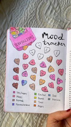 a hand holding an open notebook with stickers on it and the words mood tracker