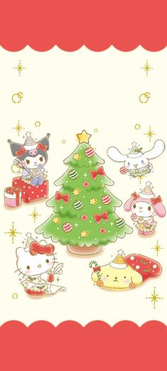 a christmas card with hello kitty and other cartoon characters around the tree, which reads santa's characters