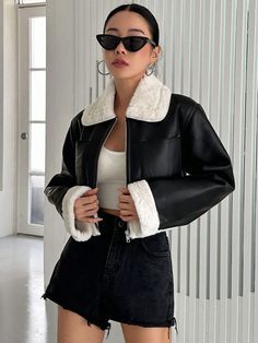 Preto Casual Collar Manga Comprida Tecido composto Bloco de cores Outro Embellished Não elástico Outono / Inverno Pu Jacket, Cropped Leather Jacket, Women Jackets, Dope Outfits, Outfit Inspo Fall, Fall Fashion Trends, School Fashion, Crop Jacket, Black Casual