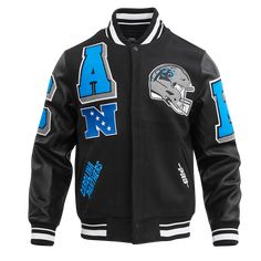 NFL CAROLINA PANTHERS MASHUP MEN'S RIB WOOL VARSITY JACKET (BLACK) Black Panther Jacket, Yellowstone Apparel, Josh Norman Carolina Panthers, Varsity Jacket Black, Nfl Panthers, Varsity Jacket Women, Baltimore Ravens Hoodie, Nfl Carolina Panthers, Nfl Merchandise