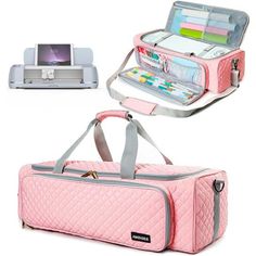 the large pink bag has many compartments for items to be packed into it and is open