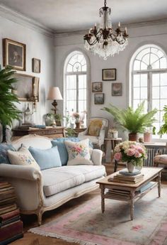 a living room filled with furniture and lots of windows next to a chandelier