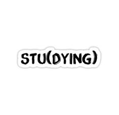 the word studying written in black ink on a white sticker with an orange background