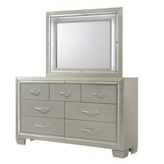 a silver dresser with a mirror above it and drawers below the drawer, on a white background