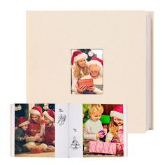 an open photo book with three photos in the front and two children on the back