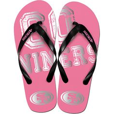 Women's Team Beans San Francisco 49ers Pink Foil Flip Flops Pretty Flip Flops, Yankees Outfit, Nfl Outfits, Baseball Women, Pink Sandals, New Orleans Saints