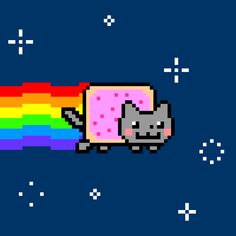 an image of a cat with a donut on it's back in front of a rainbow