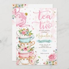 a birthday party card with tea cups and flowers