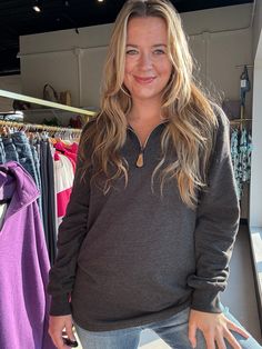 The Miley Quarter Zip Pullover is the perfect comfy and casual piece! You will definitely want to make room in your closet for this one! It features a soft fabric, a foldable collar, side slits, and a quarter zip. It fits slightly oversized. If in-between sizes, size down. Fabric: 65% Polyester/35% Cotton Small fits size 2-4 Medium fits size 6-8 Large fits size 10-12 XL fits 14-16 2XL fits 18-20 Fall Half-zip Loungewear Sweater, Half-zip Sweater For Fall Loungewear, Fall Half-zip Sweater For Loungewear, Kimono Outerwear, Semi Annual Sale, In Between, Quarter Zip Pullover, Outerwear Sweater, Black Media