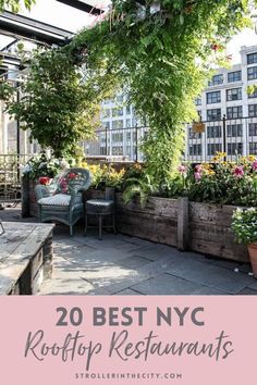 an outdoor patio with potted plants and flowers on the ground, text overlay reads 20 best nyc rooftop restaurants