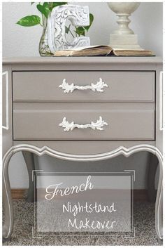 an old dresser painted in french grey with the words french nights and makeovers on it