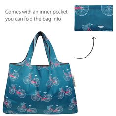 a blue bag with bicycles on it and the words comes with an inner pocket you can fold the bag into