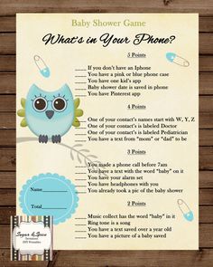 a baby shower game with an owl on it's back and the words what's in your phone?