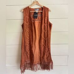 Gorgeous Artisan Pre-Shrunk Cotton Vest New! Length 42.5 (Including Fringe) No Closure Bohemian Orange Outerwear For Summer, Summer Bohemian Orange Outerwear, Fitted Orange Outerwear For Summer, Brown Open Front Summer Outerwear, Fitted Brown Summer Outerwear, Long Vest, No Closure, Cotton Vest, Long Vests