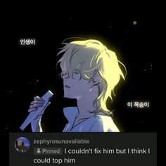 an anime character with blonde hair holding a microphone in front of a black background and text that reads, ephyrosunnavableble prince i couldn fix him but i think i could'd