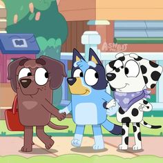 three cartoon dogs standing next to each other in front of a storefront with one dog holding the hand of another