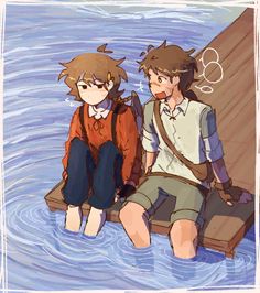 two people are sitting on a boat in the water and one is wearing a backpack