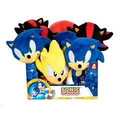 three sonic the hedge plush toys in a box