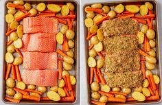 two trays filled with salmon, potatoes and carrots