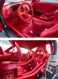 the inside and outside view of a red car