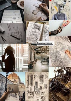 a collage of photos with various architectural drawings and people working on the project together