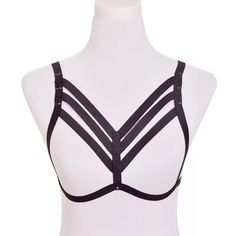 Sexy Elastic Strappy Harness Cage Bra With Hook Closure. Wear Under A Low Cut Blouse To Add Sensuality And Style. This Harness Bra Is Made Exceptionally Well. Nylon Material One Size Fits Up To Large. Black Bra With Strappy Back, Black Fitted Strappy Bra, Black Bra For Club, Black Strappy Back Bra, Black Strappy Fitted Bra, Party Backless Bra With Straps, Fitted Strappy Bra For Night Out, Black Strappy Bra For Night Out, Strappy Bra For Night Out