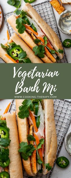 vegetarian banh mi sandwich with carrots and cilantro on a cooling rack