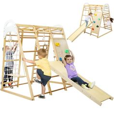 two children playing on a wooden climbing frame