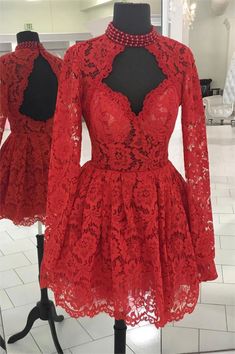 prom dress ,Red lace short prom dress, red Long Sleeve Homecoming Dresses, Lace Homecoming Dresses, Outfit Trends, High Quality Dress, High Neck Long Sleeve