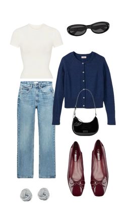 Outfit Ideas Ballet Flats, Elegant Flat Shoes Outfit, Red Ballet Flats Outfit Autumn, Blue Flat Shoes Outfit, Winter Outfits With Ballet Flats, Red Blue Outfit Aesthetic, Jeans With Ballet Flats Outfit, Ballet Flat Outfits Aesthetic, Ballet Flat Jeans Outfit