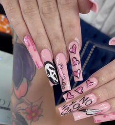 No You Hang Up Nails, Halloween Nail Designs Pink, Short Halloween Acrylic Nails, Long Simple Acrylic Nails, Pink Halloween Nails Acrylic, Bratz Inspired Nails, Long Halloween Acrylic Nails, I Love Me Nails, Long Halloween Nails