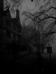 a black and white photo of a foggy street in front of an old building