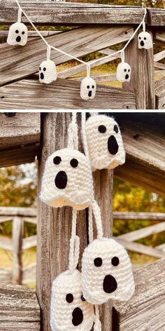 three crocheted skulls hanging from a wooden fence, one is white and the other is black