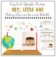 an open book with the title digital social studies hey, little ant story elements and templates