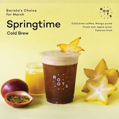 a cup of coffee next to some fruit on a yellow background with the caption springtime cold brew