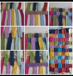 crocheted squares are arranged in different colors