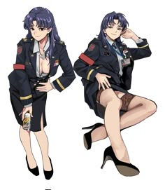 an anime character in uniform posing for the camera with her legs crossed and one leg bent