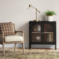 a living room with a chair, bookcase and potted plant on the floor