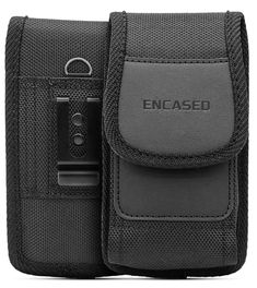 an open black case with a clip on it's side and the word, encased