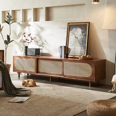 a living room filled with furniture and a cat laying on the floor next to it